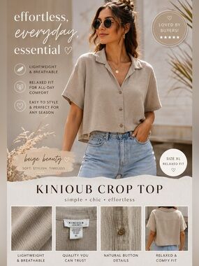 iris Beige Cropped Button-Front Women’s Shirt